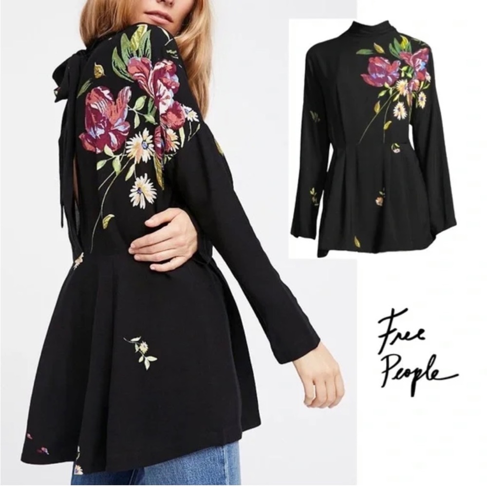 FREE PEOPLE “Gemma” Tunic Dress XS Vintage Floral Print LBD Open Back Look